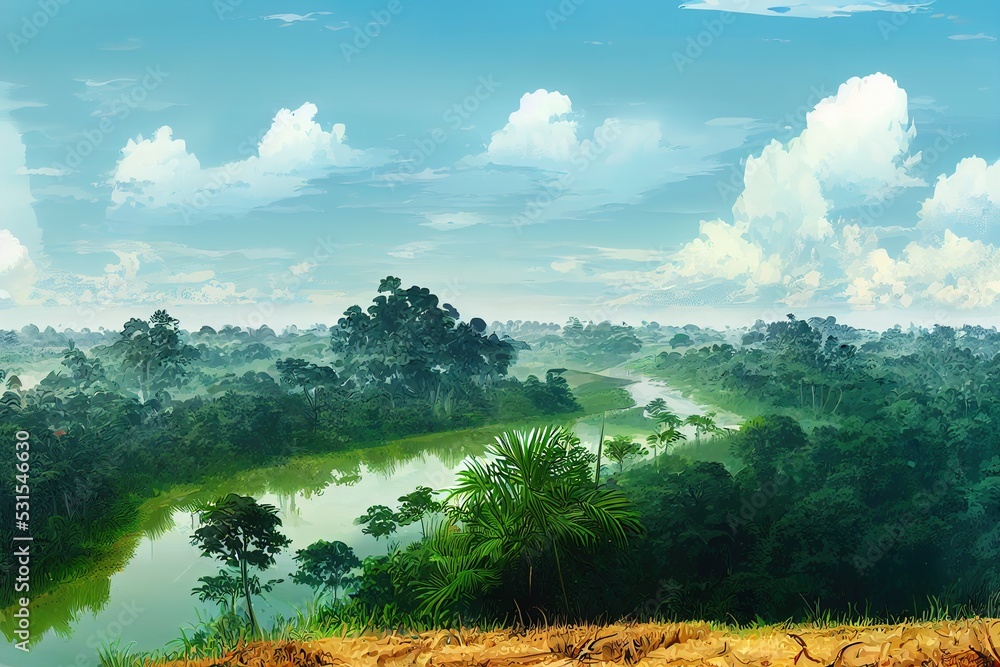 Sticker panoramic view on the cardamom mountains, cambodia, tropical forest,, anime cartoon style, drawing