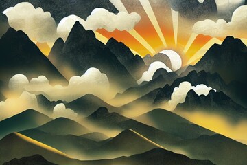 Sun rays and clouds in mountains of Magana valley, Egrisi mountains, Svaneti, Georgia, toon style, cartoon style
