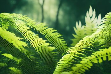 Ferns in the forest, Bali. Beautiful ferns leaves green foliage. Close up of beautiful growing ferns in the forest. Natural floral fern background in sunlight., anime style, style, t - obrazy, fototapety, plakaty