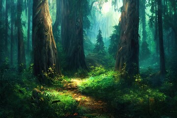 Obraz premium Deep Forest. Fantasy Backdrop. Concept Art. Realistic Illustration. Video Game Digital CG Artwork Background. Nature Scenery., anime style, style, toon,
