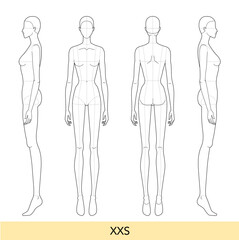 Set of XXS size Women Fashion template 9 nine head size Croquis Lady model skinny body figure with main lines front, side, 3-4, back view. Vector isolated sketch outline boy girl for technical drawing