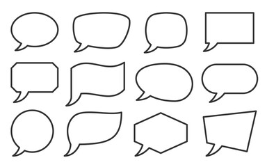 Obraz premium Speech bubble banner set, line style. Different abstract geometric shape, cloud, balloon. Blank linear speak sign for text, chat, message, communication, talk, dialog. Empty label template, frame