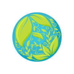 Planet Earth blooming clean green zero waste flat. Conserve nature save vegetation sea air resources energy consumption eco bio logo firm website business concept simple stylish isolated on white