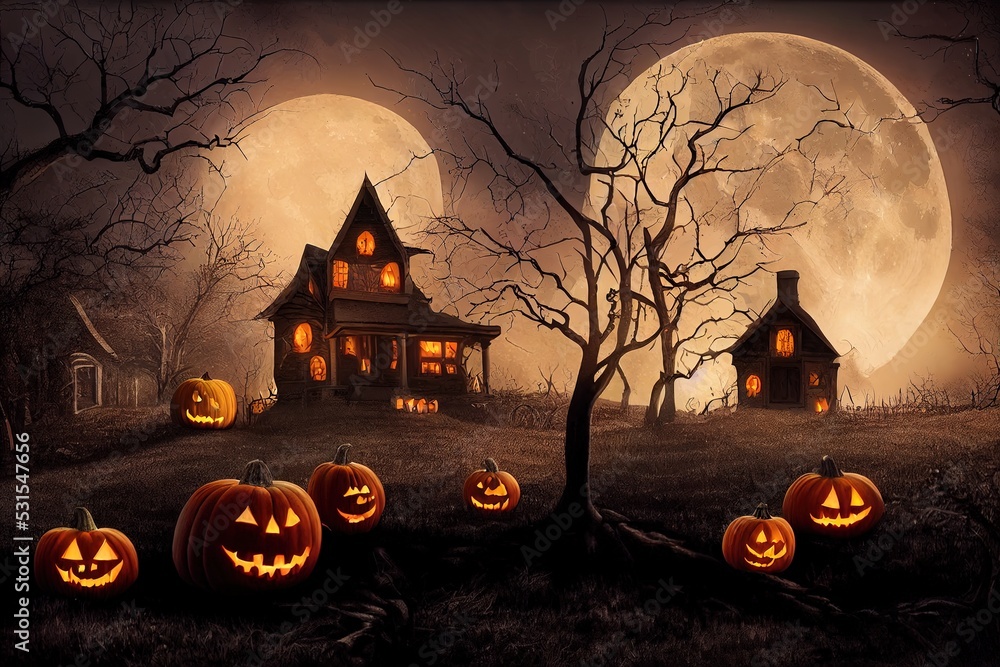 Wall mural Halloween background with haunted house, full moon, pumpkins and trees