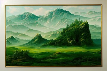 collection rock mountain hill with green forest isolate on white background, Hand painting, painting