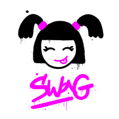 Urban street style. Graffiti kawaii Girl. Slogan of Swag. Splash effects, drop, leaking. Artwork for street wear, pins, patchworks, tee, bomber jackets, hoodie. 