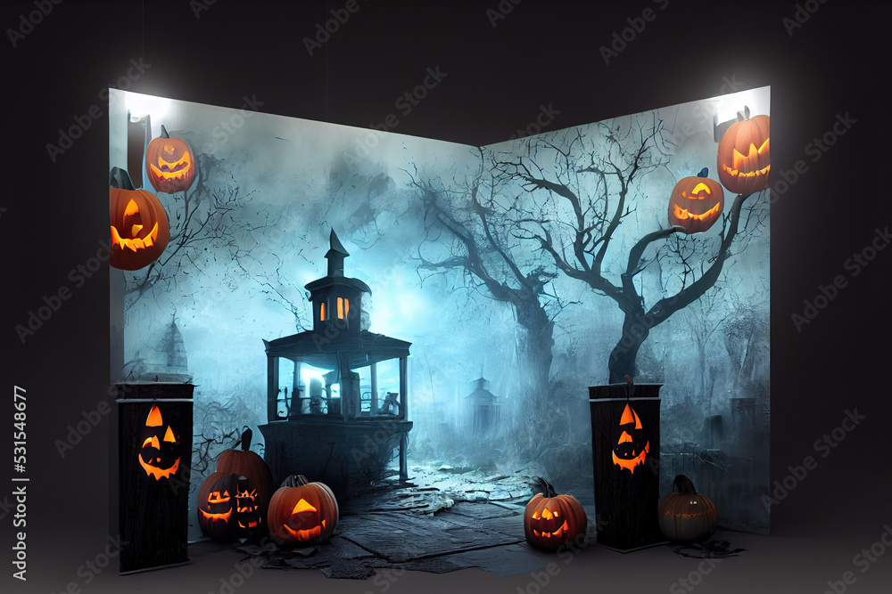 Poster halloween background with podium for product display. 3d rendering.