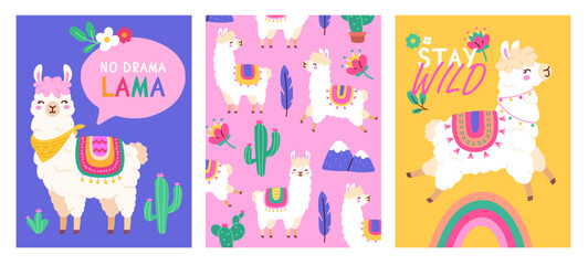 Fototapeta premium Set of bright posters with cute llamas. Banners with beautiful attractive alpacas, inscriptions and cacti. Design elements for postcards, covers and printing on fabric. Cartoon flat vector collection