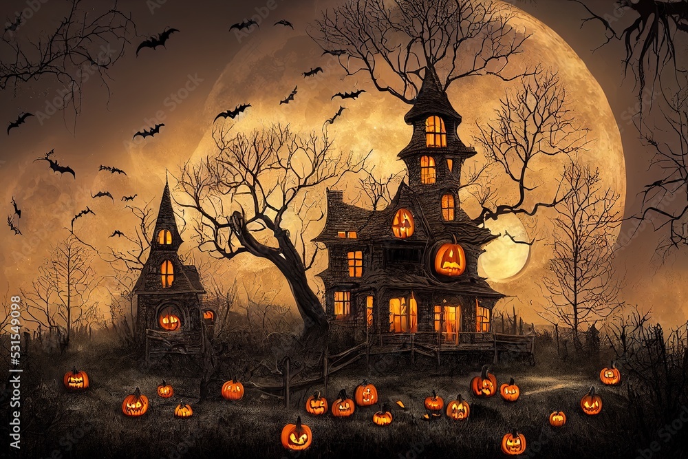 Wall mural Halloween background with haunted house, full moon, pumpkins and trees