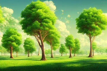 Green trees isolated on white background. Forest and foliage in summer. Row of trees and shrubs., anime style, style, toon,