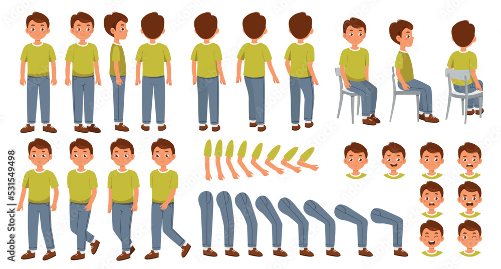Poster man character constructor for animation. set of different elements of arms, legs, faces, poses and e