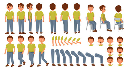 Man character constructor for animation. Set of different elements of arms, legs, faces, poses and emotions. Father, student, employee. Cartoon flat vector collection isolated on white background - obrazy, fototapety, plakaty