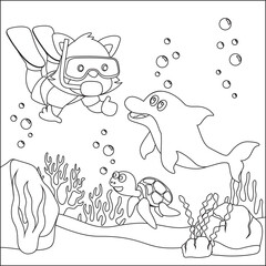 Vector cartoon illustration of little bear and dolphine diving in undersea with cartoon style Childish design for kids activity colouring book or page.