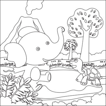 Cute little elephant and turtle play around swamp.  Creative vector Childish design for kids activity colouring book or page.