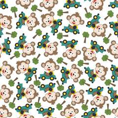 Seamless pattern of funny monkey driving car in the road. Creative vector childish background for fabric, textile, nursery wallpaper, poster, card, brochure. and other decoration.