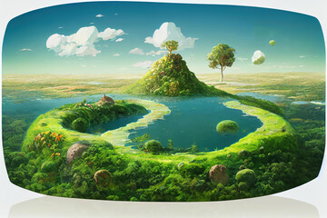 Fototapeta premium round soil ground cross section with earth land and green grass, fantasy floating island with natural on the rock, surreal float landscape with paradise concept isolated on white background anime sty