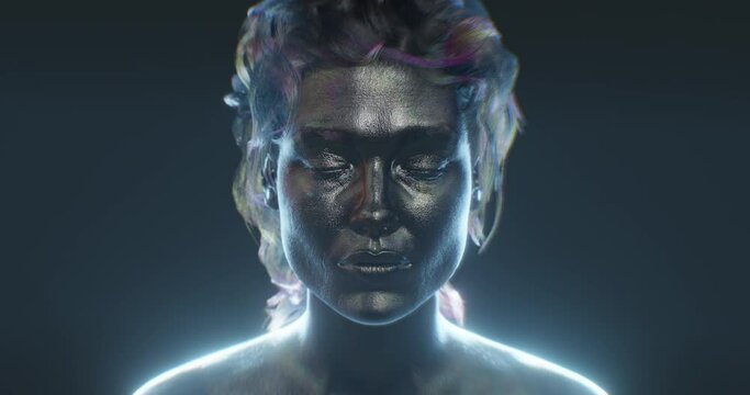 Cyber Girl waking up and opening synthetic eyes, close up headshot portrait of a woman with creative metallic skin and glittering makeup