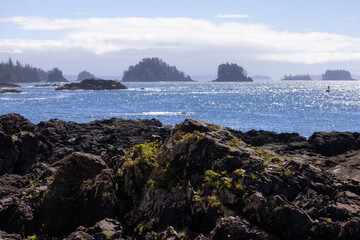 Rugged Rocks on a rocky shore on the West Coast of Pacific Ocean.