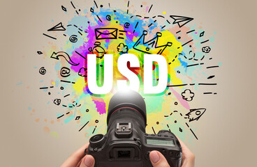 Close-up of a hand holding digital camera with abstract drawing