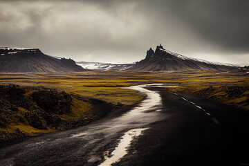 Stunning scenery of Icelandic road in south Iceland, realistic style, 8k, nature photography, artstation