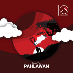 Hari pahlawan nasional silhouette person in the night with the moon and trees on the red background