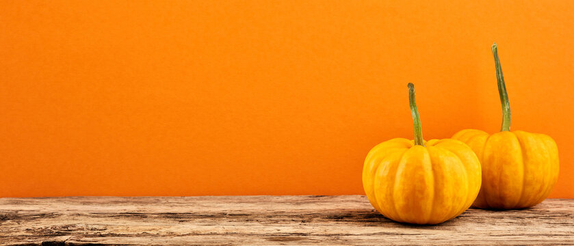 Decorative pumpkins on wooden table on orange background. Banner design for Thanksgiving, Halloween.