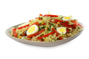 Plate of delicious salad with Chinese cabbage and quail eggs isolated on white