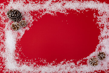 Pine cones christmas decoration on red with snow
