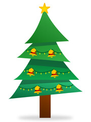 Christmas tree with yellow lights, golden bells and a yellow star at the top of the tree