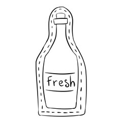 Bottle labeled patch, black and white illustration in doodle style