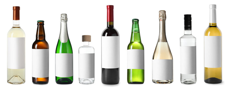 Set with bottles of different alcohol drinks on white background. Banner design
