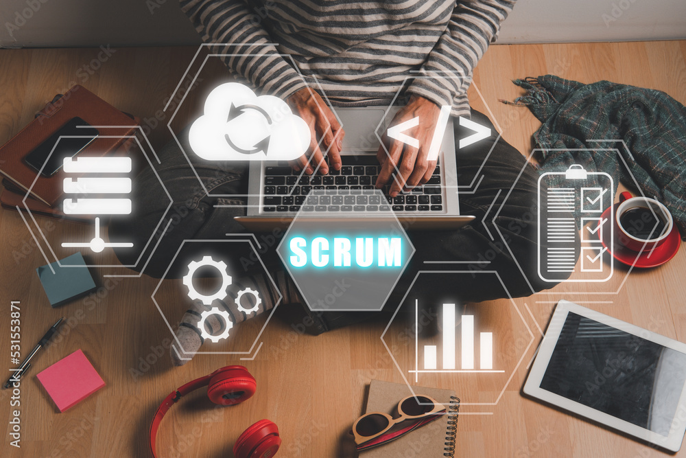 Aufkleber scrum, man hand using laptop computer with scrum icon on vr screen, agile development methodology.