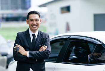 Car dealer man. Auto dealership and rental concept.