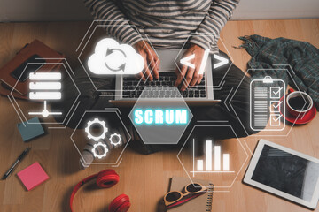 SCRUM, Man hand using laptop computer with SCRUM icon on VR screen, Agile development methodology.