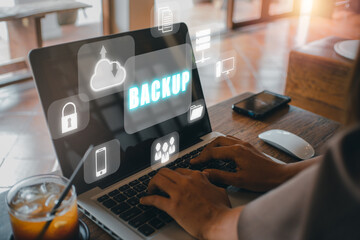 Backup storage data internet technology business concep, Businesswoman using a computer with VR...
