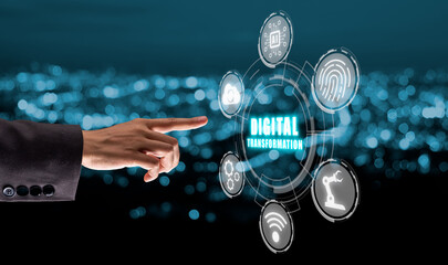 Digital transformation and digitalization technology concept, Woman hand touching virtual screen...