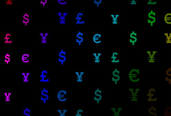Dark multicolor, rainbow vector texture with financial symbols.