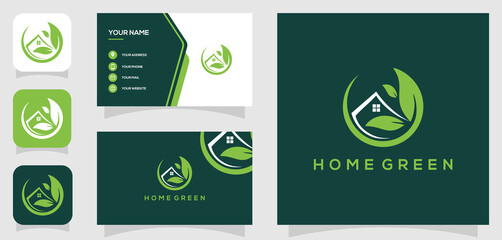 Vector graphic of home green, leaf house, minimalist logo design with business card template