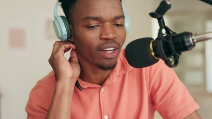 Podcast, speaking and recording conversation for interview. Communication, talking and discussion in studio with mic to broadcast for online streaming. Multimedia, content creation and influencers