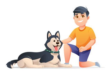 Boy with his husky dog cartoon character illustration © YG Studio