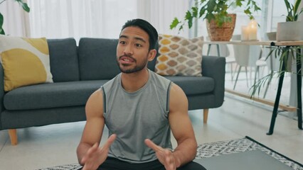 Influencer, fitness and training with a sports man live streaming or recording content for social media and subscription service. Health, motivation and workout with a personal trainer and vlogger