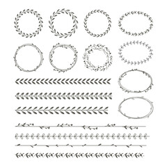 Floral wreath set and vector art brushes. Flowers frame, doodle hand drawn circle set.