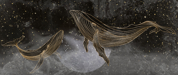 Dark watercolor art background with whales in golden line style. Animal hand drawn ink banner for decor, print, wallpaper, textile, packaging, decor, fabric. © VectorART