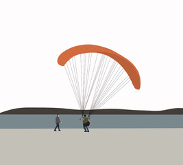 Parachute on the ground. Skydiving during flight and landing with an unfolded parachute.. Extreme sport and entertainment.