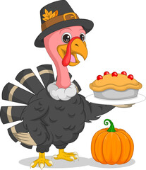 Cartoon turkey in pilgrim hat holding pumpkin pie