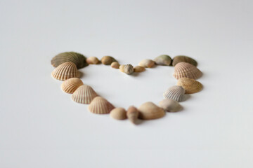 Obraz premium Defocus heart made of sea shells lying on a beach white summer background. Suggesting sea concept. Side view. Valentines Day background. Out of focus