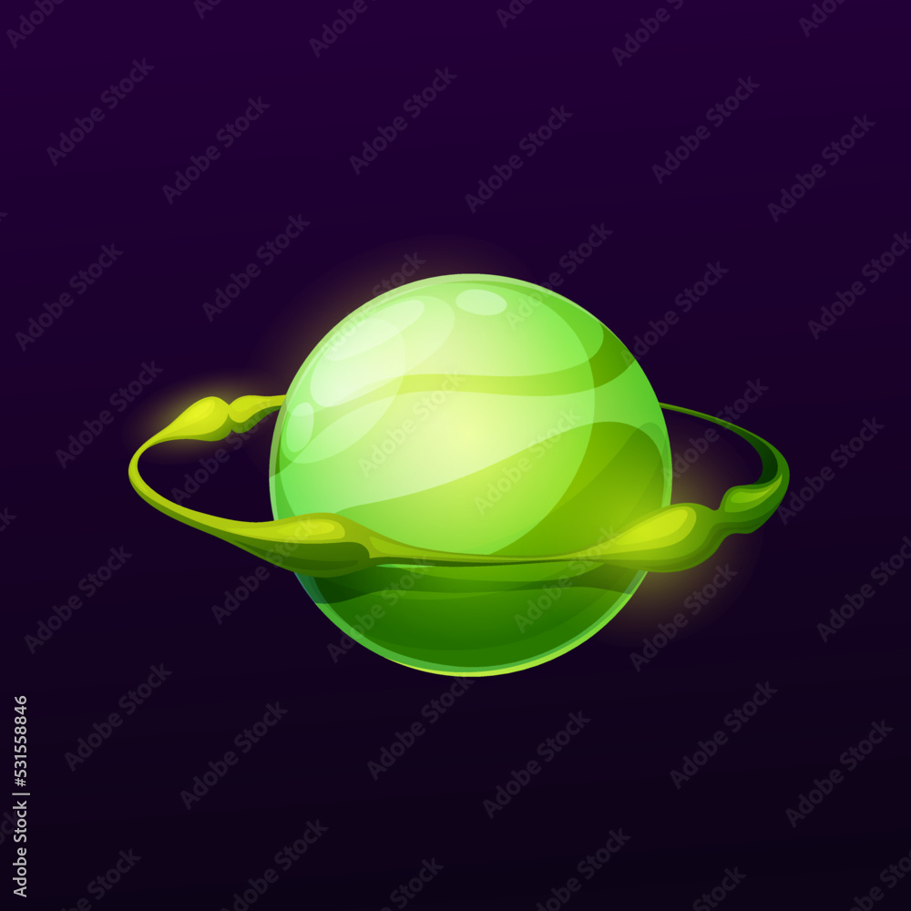 Poster green space planet with sparkly ring. alien galaxy fantastic planet game ui vector icon, astronomy s