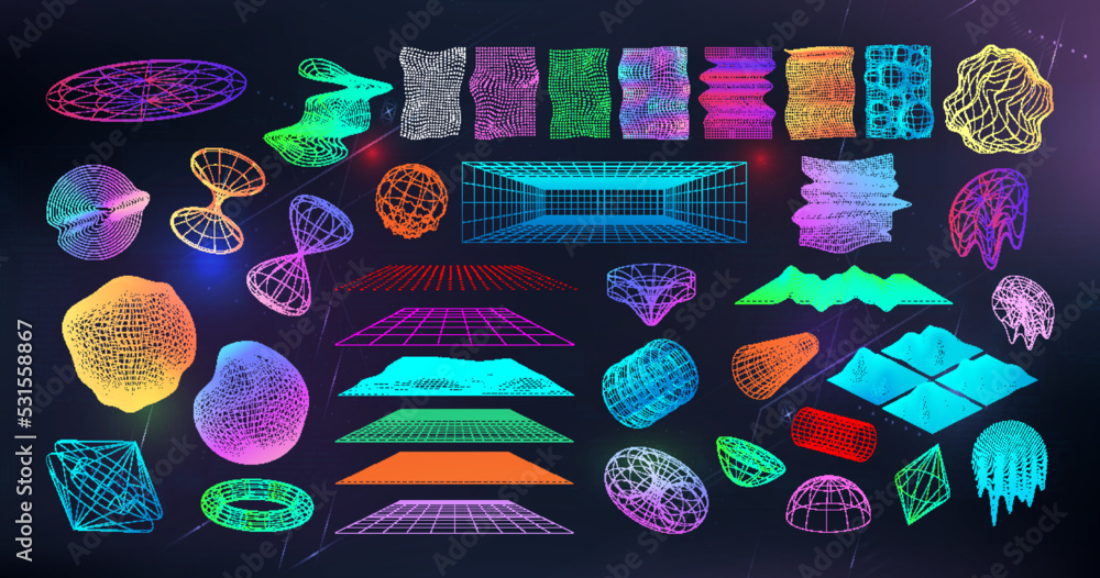 Poster neo memphis and retrofuturistic 3d abstract shapes from 80s-90s. concept vaporwave, neo futuristic, 