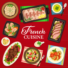 French cuisine restaurant menu cover. Pan fried liver, cod with Bechamel sauce and green pea soup, ratatouille, salad Nicoise and kidney fricassee, chicken supreme with champagne sauce, duck salad
