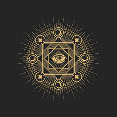 Esoteric occult symbol vector Eye of Providence inside of circle with star, sun, moon around. Spiritual mason sign or tarot cards symbol, isolated amulet, tattoo
